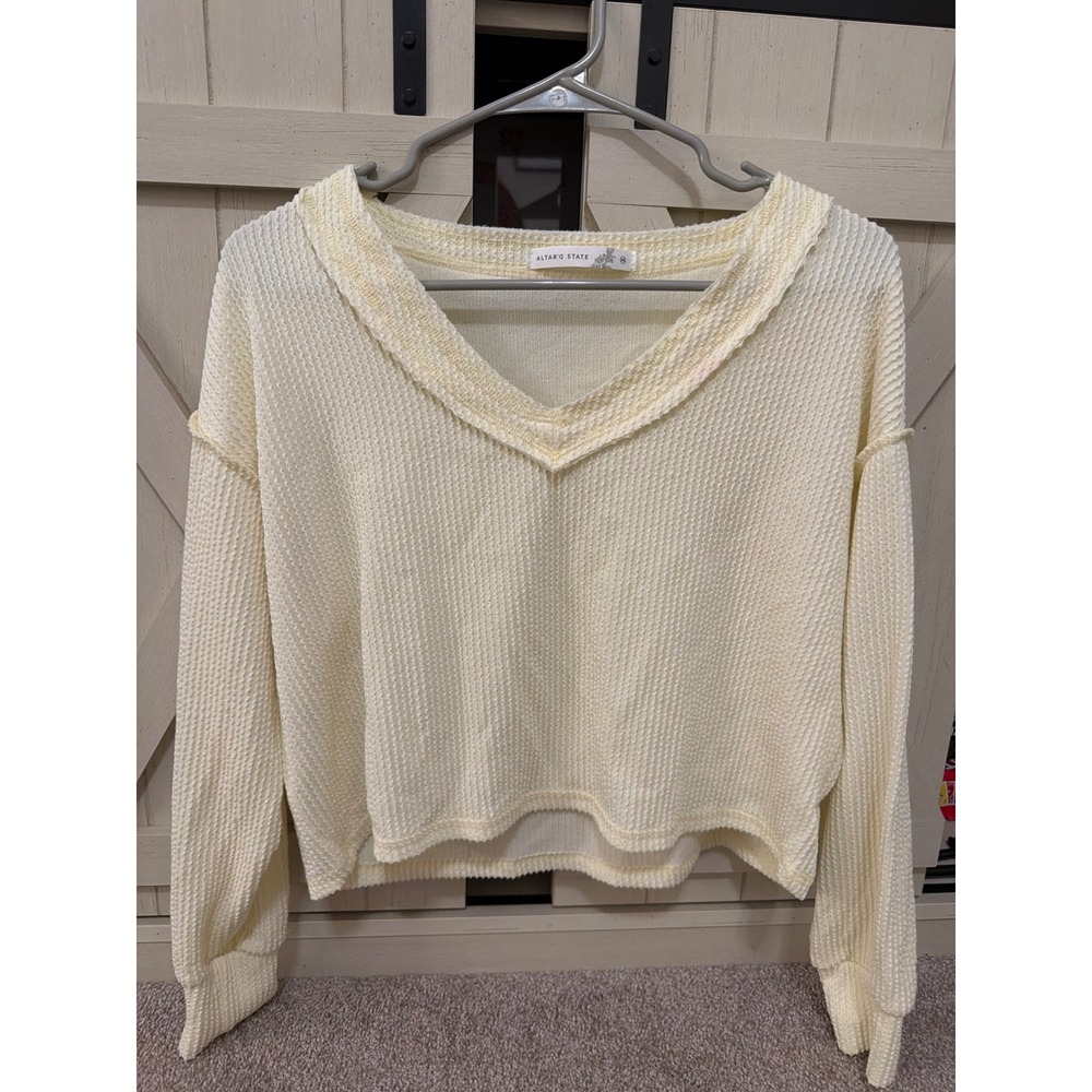 Altard State Cream Yellow Waffle Knit V-Neck Thermal Top Raw Edge XS
